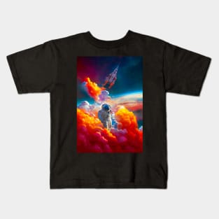 Astronaut flying through clouds and shuttle in the background Kids T-Shirt